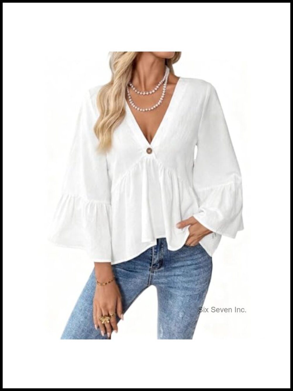 Women's Deep V-Neck Babydoll Blouse Flare Sleeve Ruffle Peplum Top